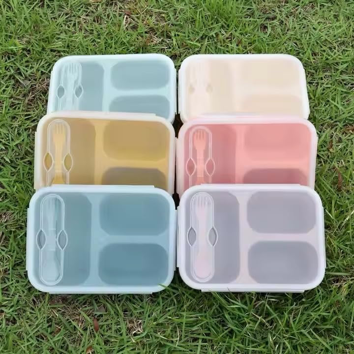 Pragmati5m Silicone Bento Box Set with Lids and Spoons, Foldable, Microwavable, Freezer Safe