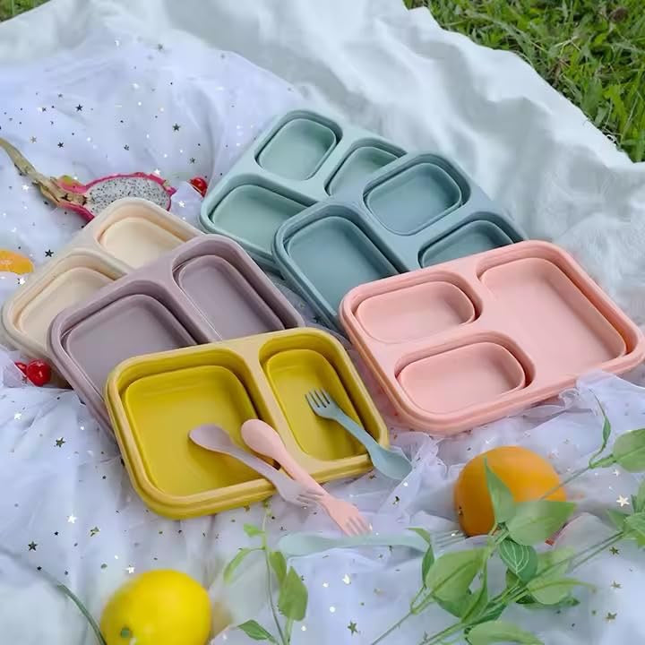 Pragmati5m Silicone Bento Box Set with Lids and Spoons, Foldable, Microwavable, Freezer Safe