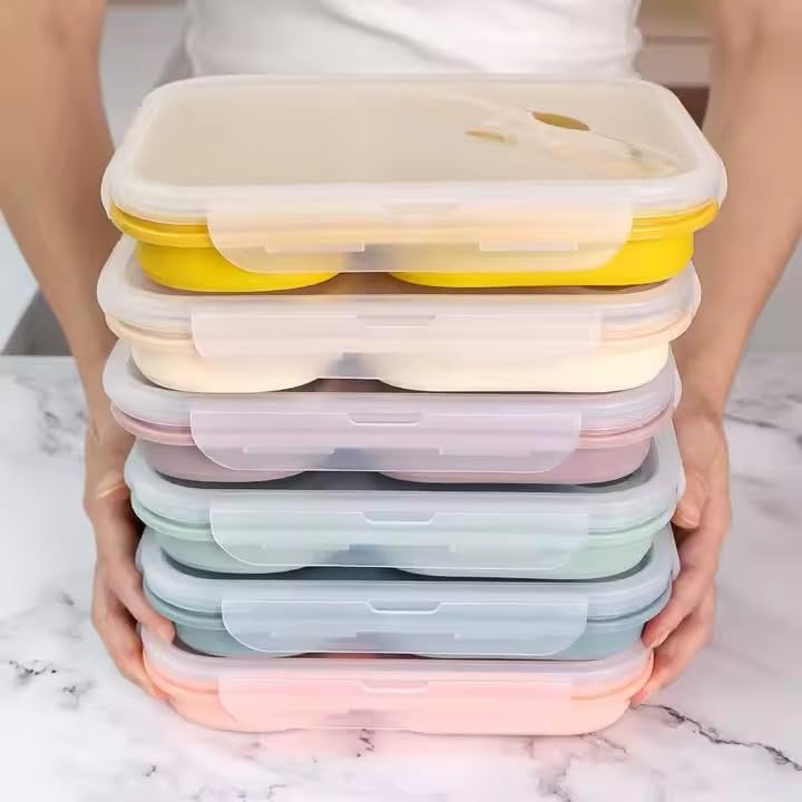 Pragmati5m Silicone Bento Box Set with Lids and Spoons, Foldable, Microwavable, Freezer Safe