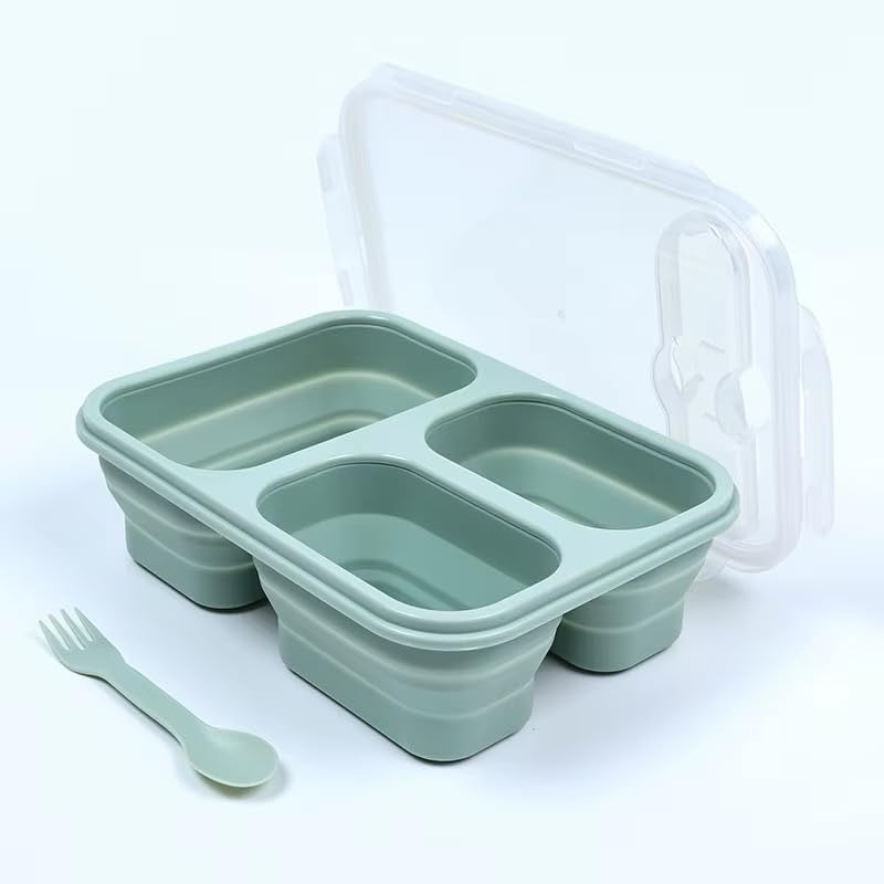 Pragmati5m Silicone Bento Box Set with Lids and Spoons, Foldable, Microwavable, Freezer Safe