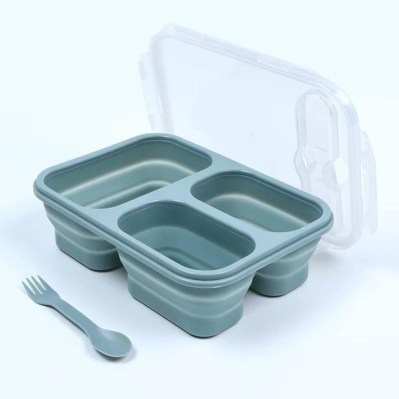 Pragmati5m Silicone Bento Box Set with Lids and Spoons, Foldable, Microwavable, Freezer Safe